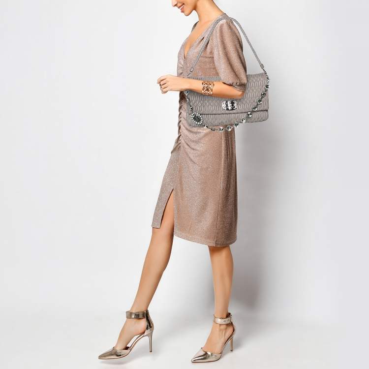 Pre Owned Miu Miu Grey Matelassé Nappa Leather Crystal Shoulder Bag