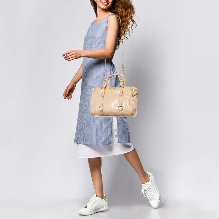 Pre Owned Miu Miu Beige Leather Gathered Tote
