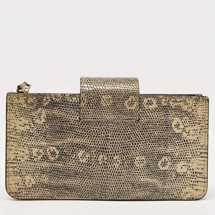 Pre Owned Miu Miu Beige/Black Lizard Embossed Leather Crossbody Bag