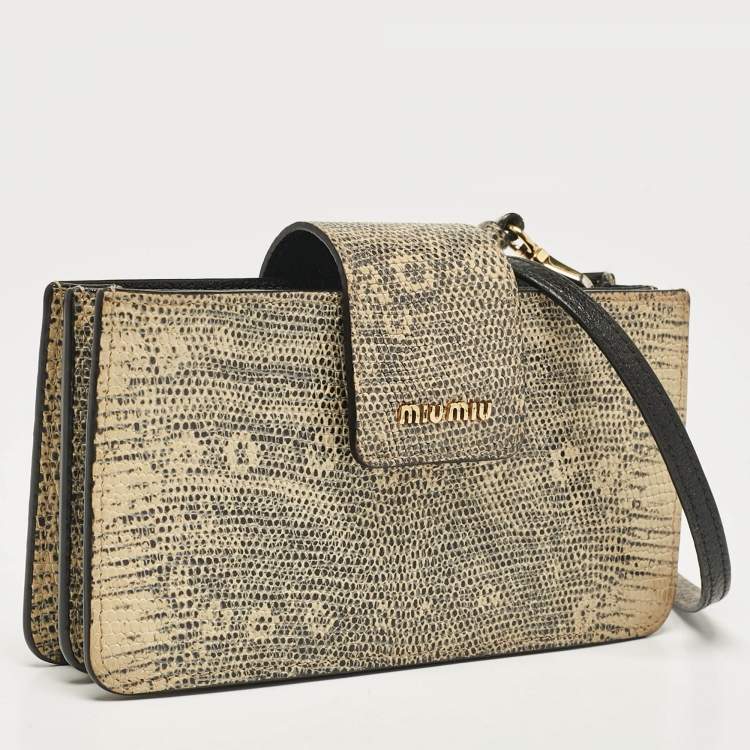 Pre Owned Miu Miu Beige/Black Lizard Embossed Leather Crossbody Bag