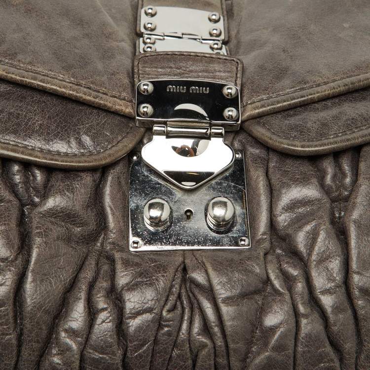 Pre Owned Miu Miu Grey Matelassé Lux Leather Coffer Hobo