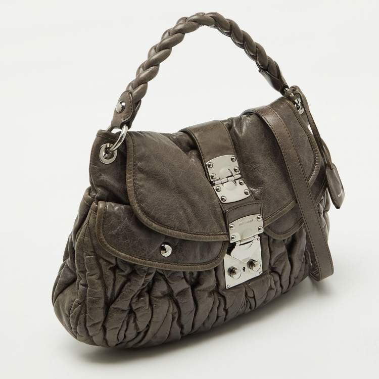 Pre Owned Miu Miu Grey Matelassé Lux Leather Coffer Hobo