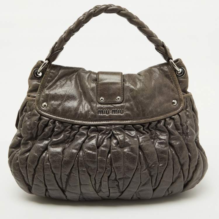 Pre Owned Miu Miu Grey Matelassé Lux Leather Coffer Hobo