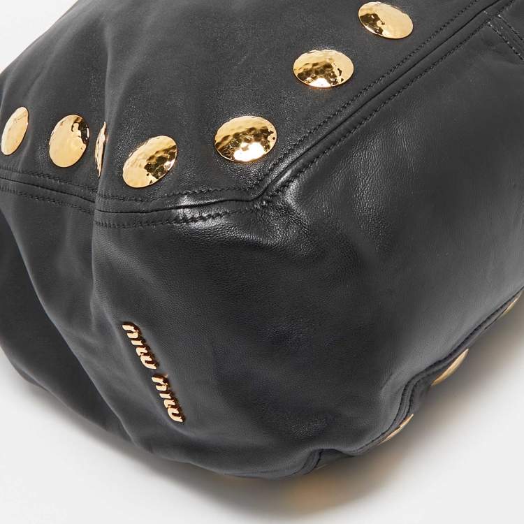 Pre Owned Miu Miu Black Leather Studded Hobo