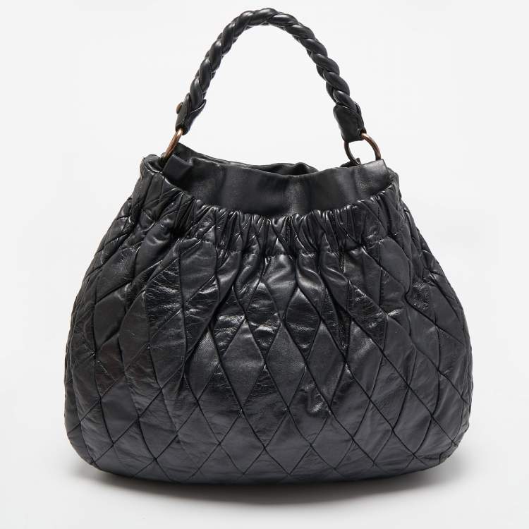 Pre Owned Miu Miu Black Leather Patchwork Harlequin Hobo