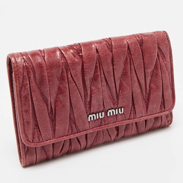 Pre Owned Miu Miu Burgundy Matelassé Leather Flap Trifold Wallet