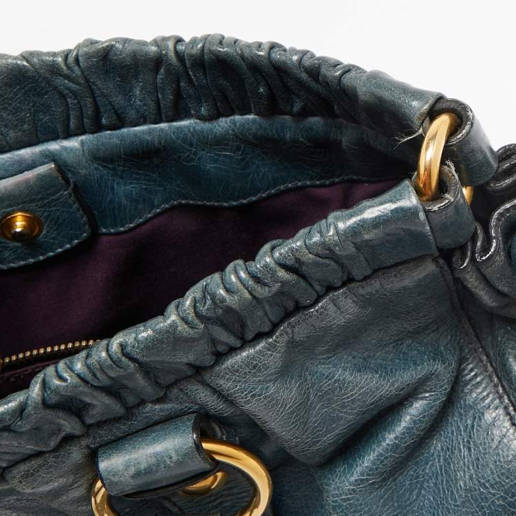 Pre Owned Miu Miu Teal Blue Leather Matelassé Tote