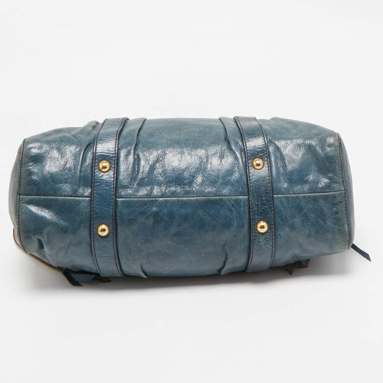 Pre Owned Miu Miu Teal Blue Leather Matelassé Tote