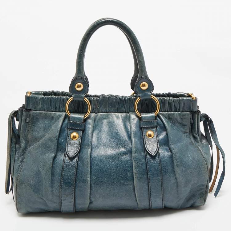 Pre Owned Miu Miu Teal Blue Leather Matelassé Tote