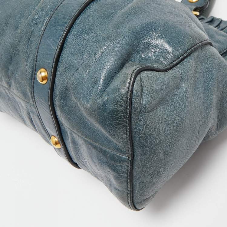 Pre Owned Miu Miu Teal Blue Leather Matelassé Tote