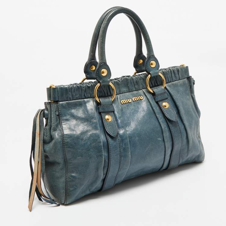 Pre Owned Miu Miu Teal Blue Leather Matelassé Tote