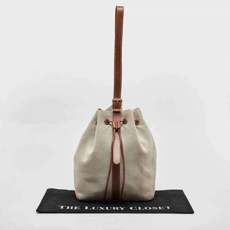 Pre Owned Miu Miu Brown/Natural Canvas Logo Drawstring Bucket Bag