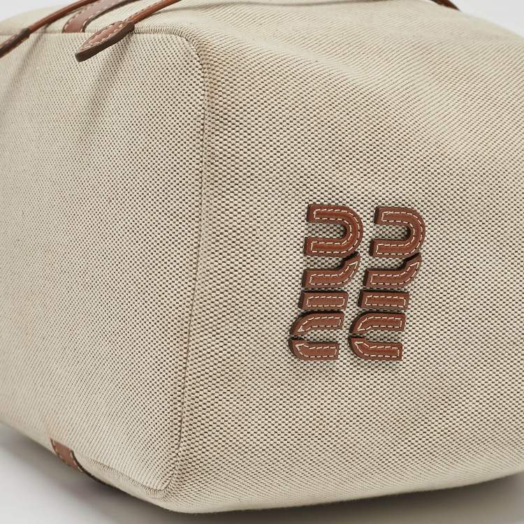 Pre Owned Miu Miu Brown/Natural Canvas Logo Drawstring Bucket Bag