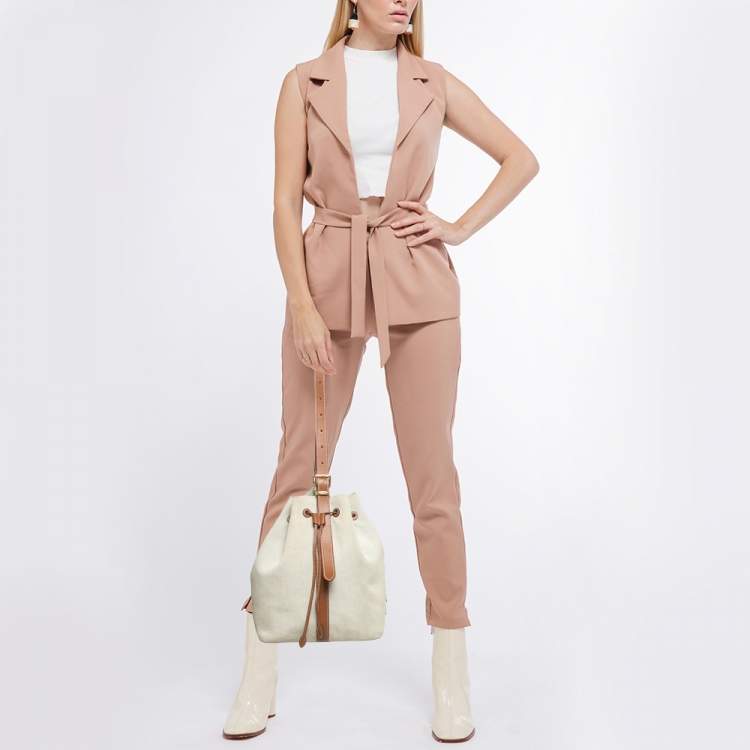Pre Owned Miu Miu Brown/Natural Canvas Logo Drawstring Bucket Bag