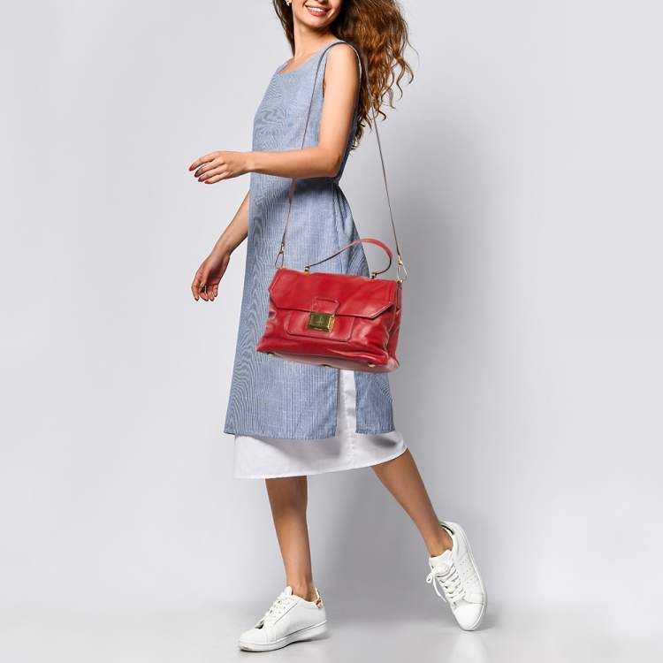 Pre Owned Miu Miu Red Vetello Soft Leather Push Lock Flap Top Handle Bag