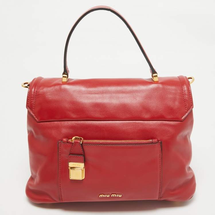 Pre Owned Miu Miu Red Vetello Soft Leather Push Lock Flap Top Handle Bag