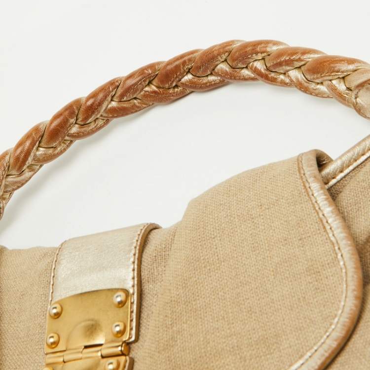 Pre Owned Miu Miu Beige/Gold Linen and Leather Coffer Satchel