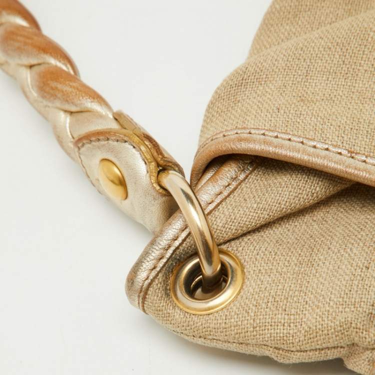 Pre Owned Miu Miu Beige/Gold Linen and Leather Coffer Satchel