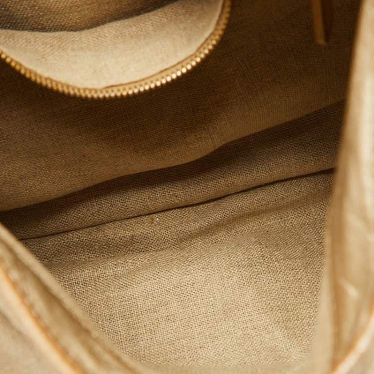 Pre Owned Miu Miu Beige/Gold Linen and Leather Coffer Satchel