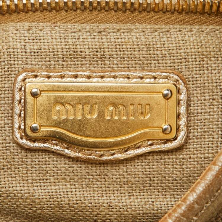 Pre Owned Miu Miu Beige/Gold Linen and Leather Coffer Satchel