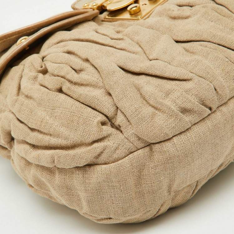 Pre Owned Miu Miu Beige/Gold Linen and Leather Coffer Satchel