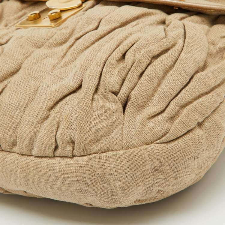 Pre Owned Miu Miu Beige/Gold Linen and Leather Coffer Satchel