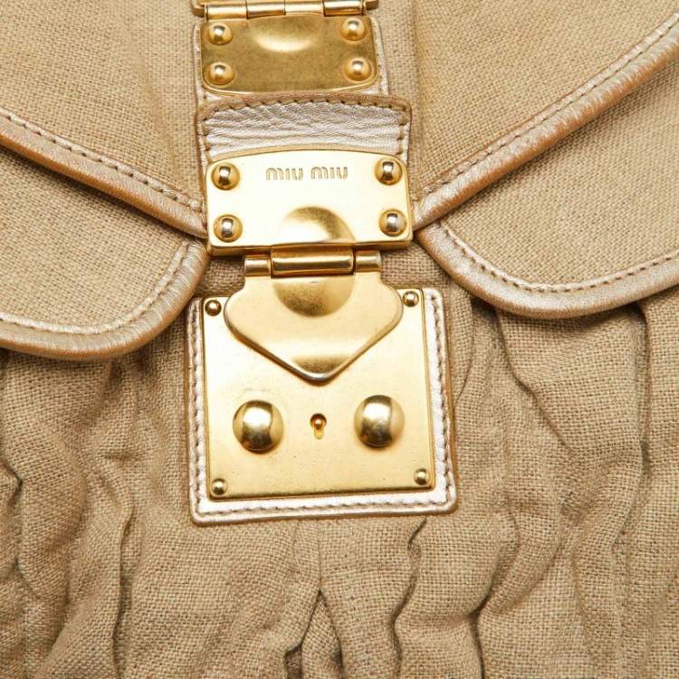 Pre Owned Miu Miu Beige/Gold Linen and Leather Coffer Satchel