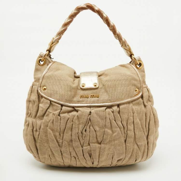 Pre Owned Miu Miu Beige/Gold Linen and Leather Coffer Satchel