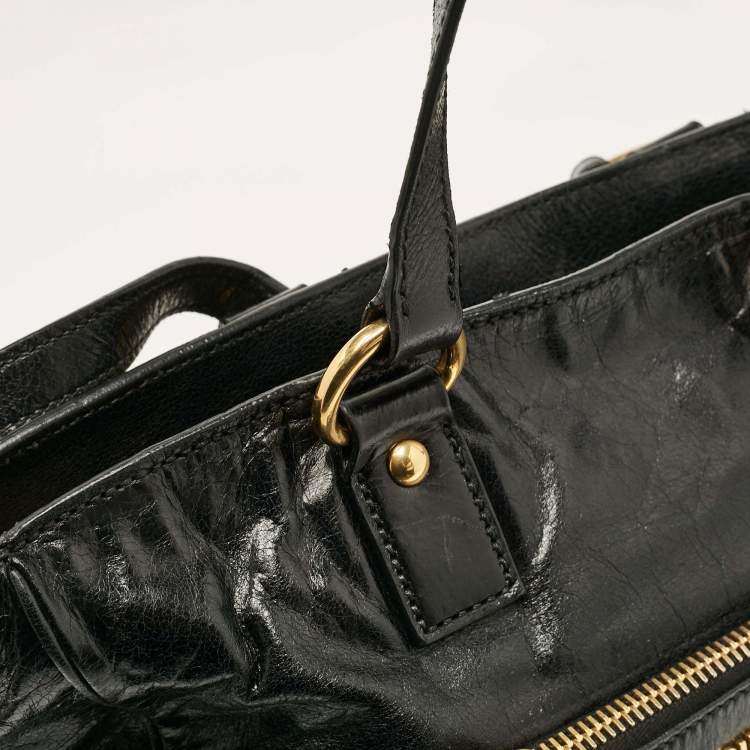 Pre Owned Miu Miu Black Glossy Leather Front Pocket Tote