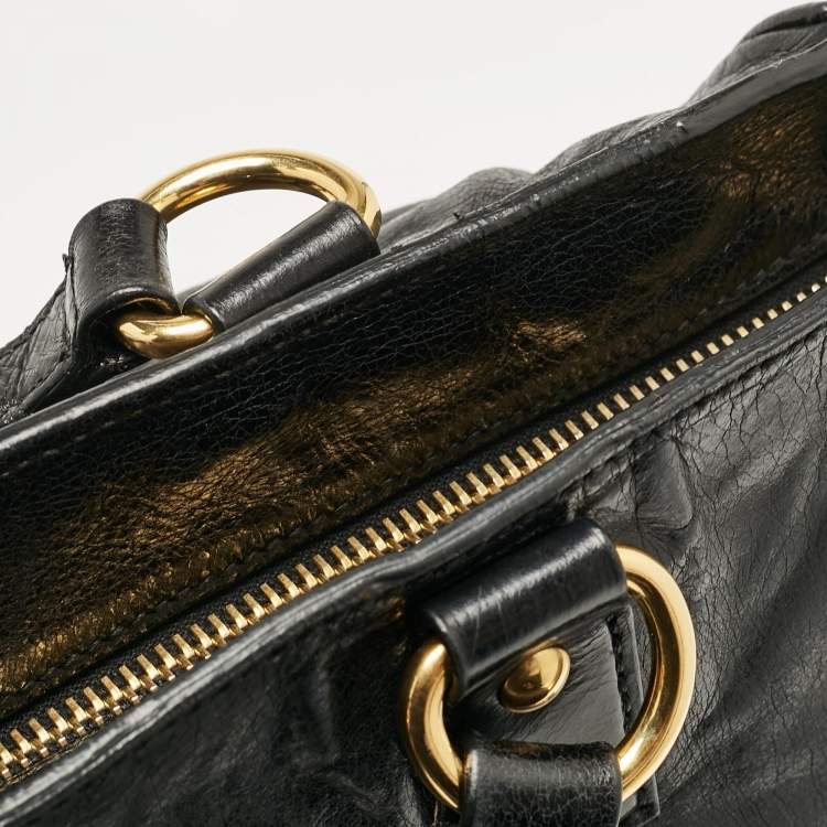 Pre Owned Miu Miu Black Glossy Leather Front Pocket Tote