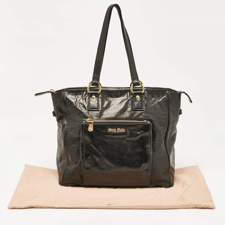 Pre Owned Miu Miu Black Glossy Leather Front Pocket Tote