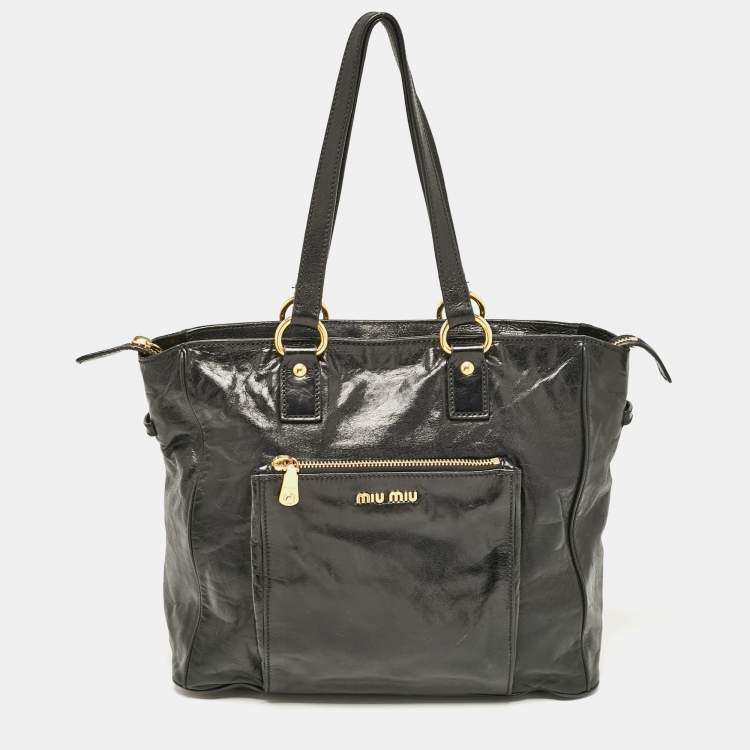 Pre Owned Miu Miu Black Glossy Leather Front Pocket Tote