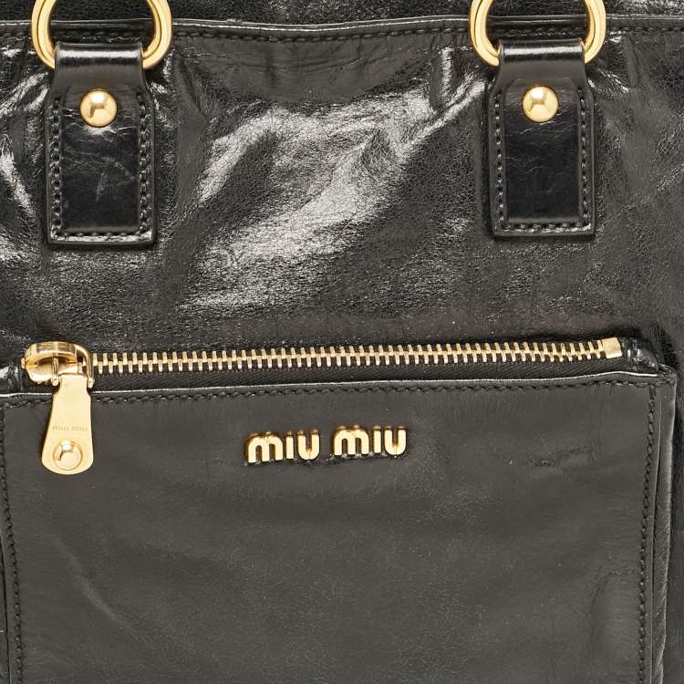 Pre Owned Miu Miu Black Glossy Leather Front Pocket Tote