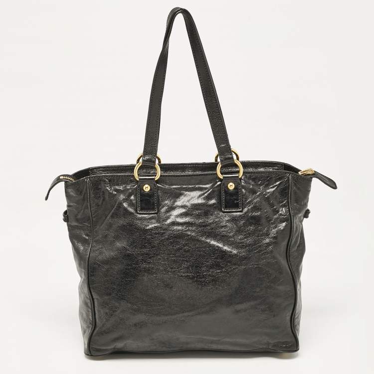 Pre Owned Miu Miu Black Glossy Leather Front Pocket Tote