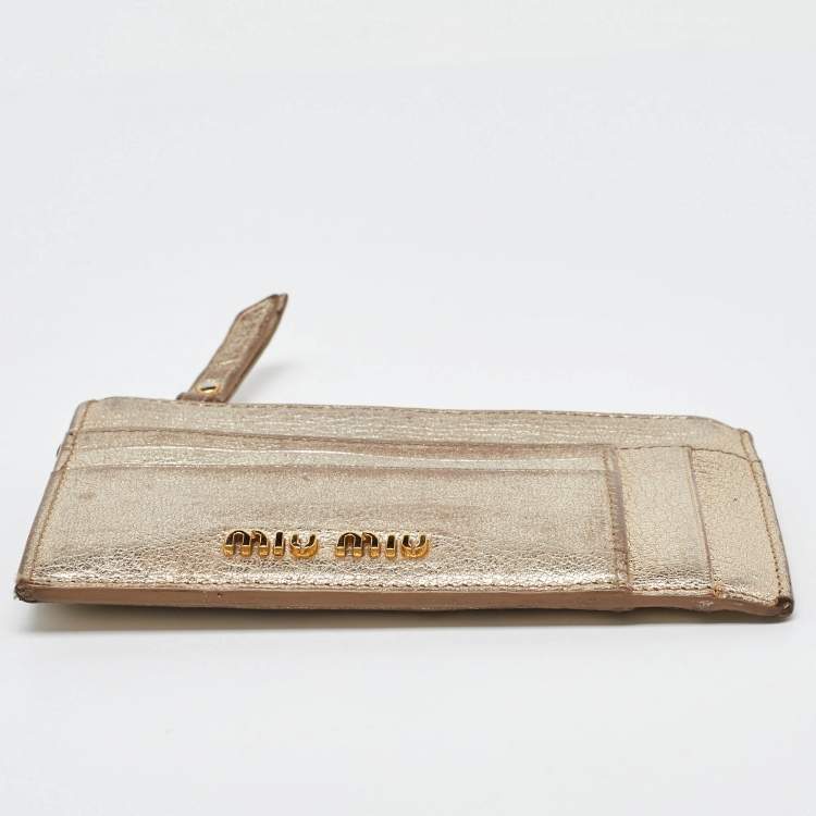Pre Owned Miu Miu Metallic Gold Leather Zip Card Holder