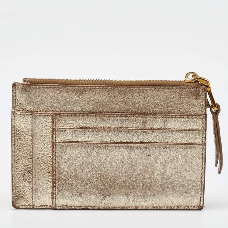 Pre Owned Miu Miu Metallic Gold Leather Zip Card Holder