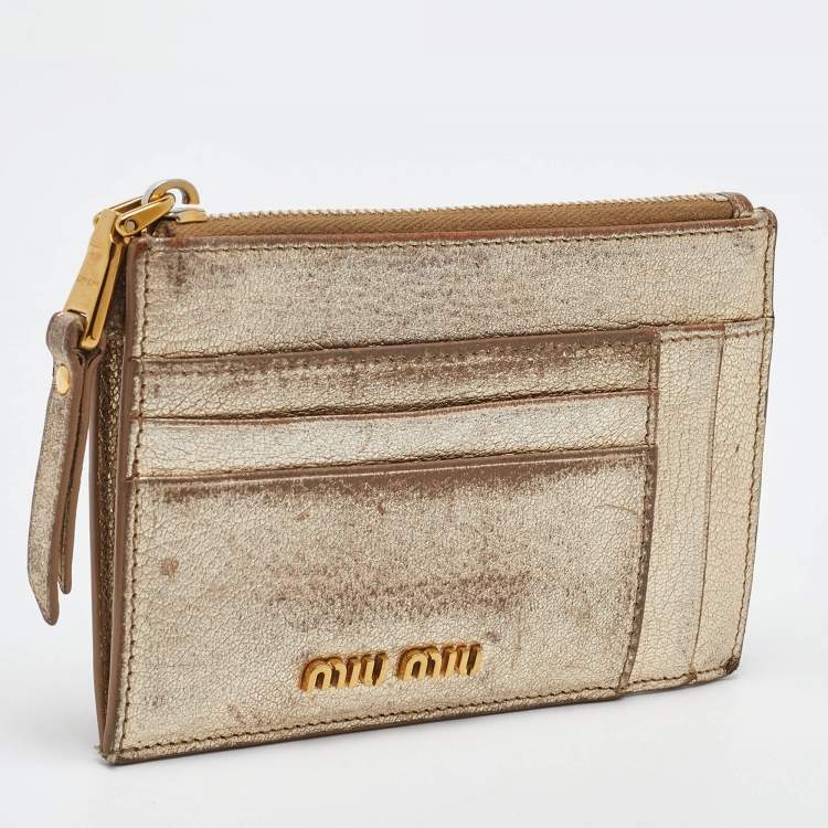 Pre Owned Miu Miu Metallic Gold Leather Zip Card Holder