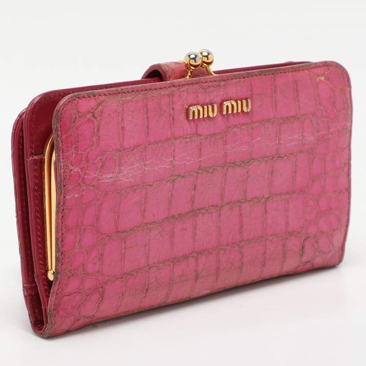 Pre Owned Miu Miu Pink Leather and Croc Embossed Patent Leather French Wallet