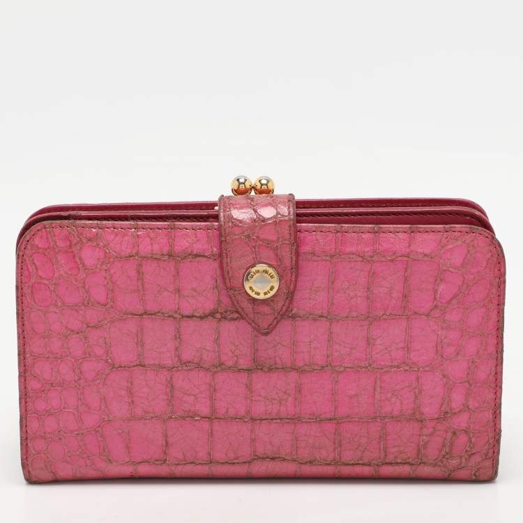 Pre Owned Miu Miu Pink Leather and Croc Embossed Patent Leather French Wallet