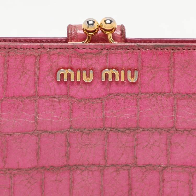Pre Owned Miu Miu Pink Leather and Croc Embossed Patent Leather French Wallet