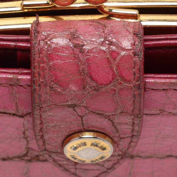 Pre Owned Miu Miu Pink Leather and Croc Embossed Patent Leather French Wallet