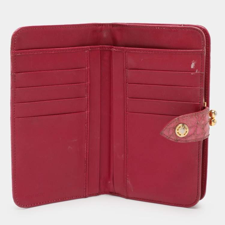 Pre Owned Miu Miu Pink Leather and Croc Embossed Patent Leather French Wallet