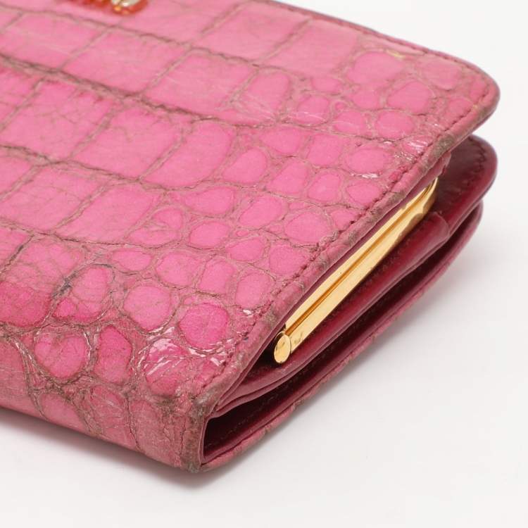 Pre Owned Miu Miu Pink Leather and Croc Embossed Patent Leather French Wallet