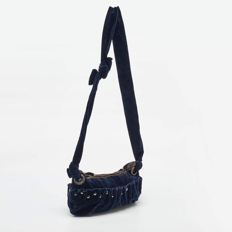 Pre Owned Miu Miu Navy Blue Velvet Studded Shoulder Bag