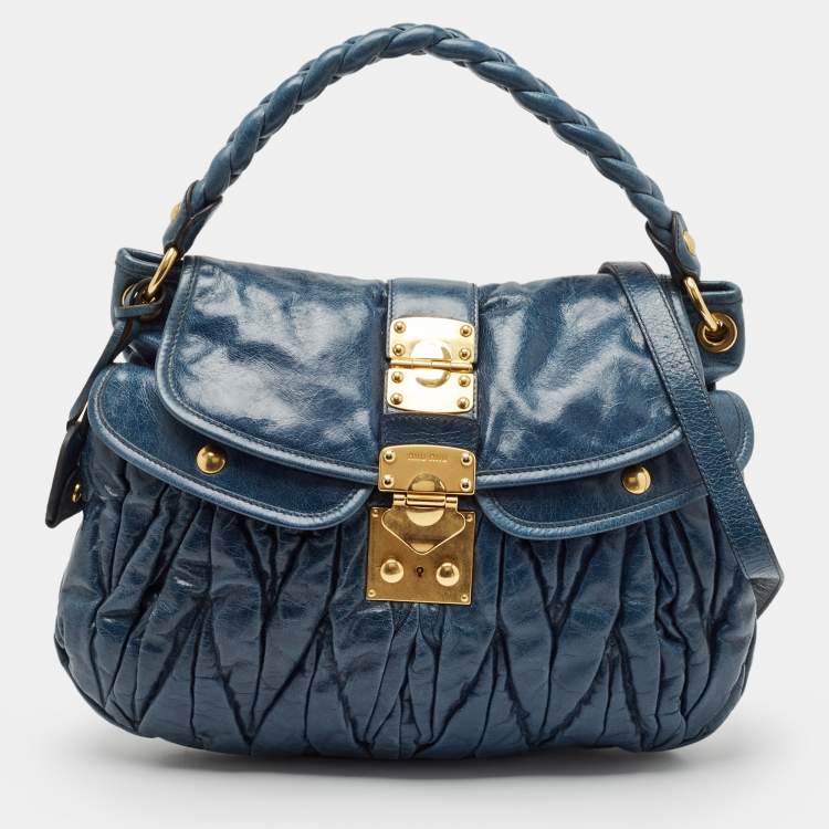 Pre Owned Miu Miu Dark Blue Matelassé Leather Coffer Hobo