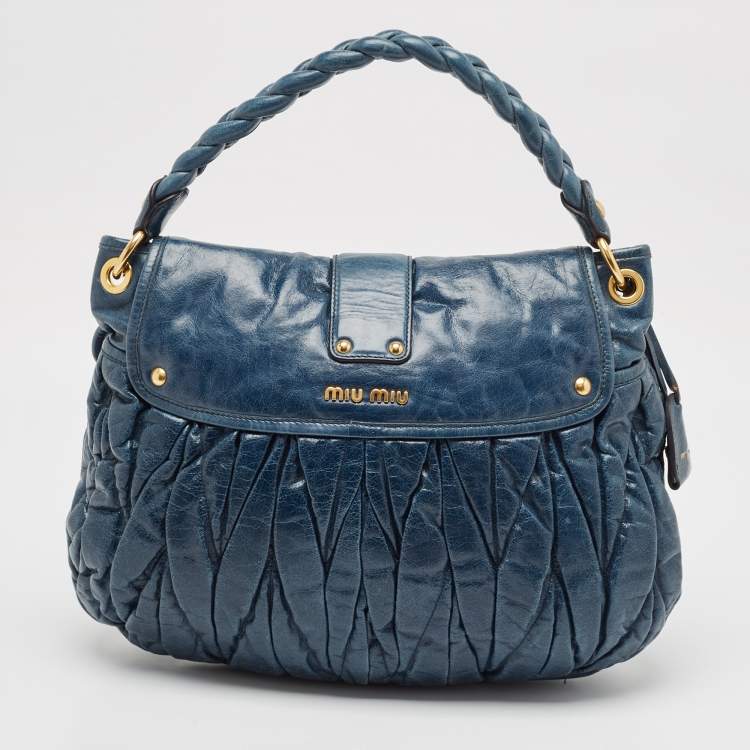 Pre Owned Miu Miu Dark Blue Matelassé Leather Coffer Hobo
