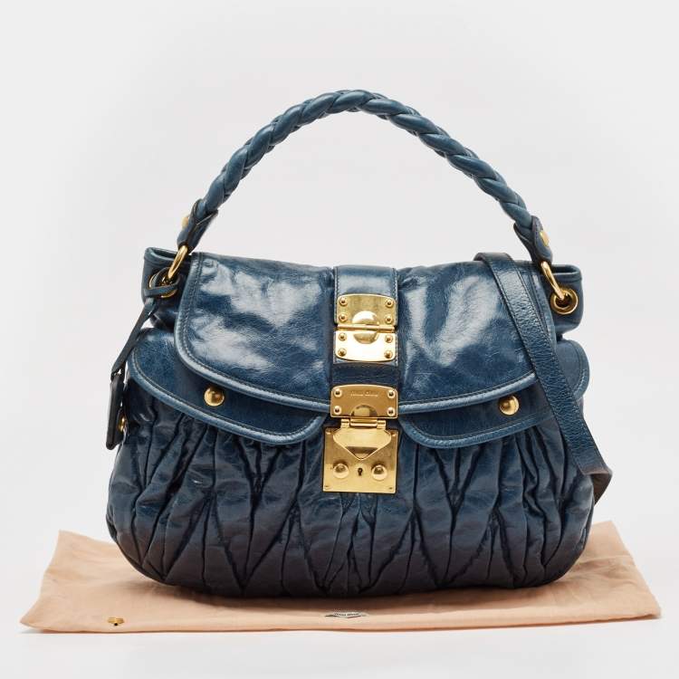 Pre Owned Miu Miu Dark Blue Matelassé Leather Coffer Hobo