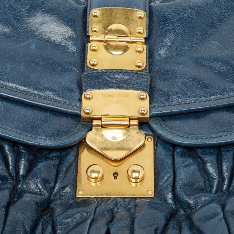 Pre Owned Miu Miu Dark Blue Matelassé Leather Coffer Hobo