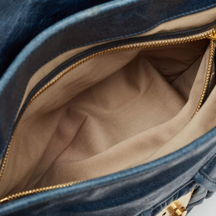 Pre Owned Miu Miu Dark Blue Matelassé Leather Coffer Hobo