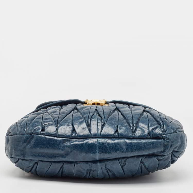 Pre Owned Miu Miu Dark Blue Matelassé Leather Coffer Hobo